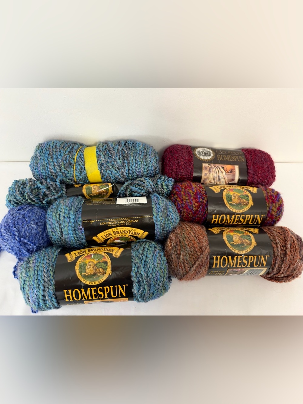 Lions Brand Homespun Yarn Mixed Lot 6 Skeins Blue Red Brown